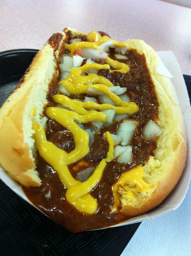 Dog w/ Chili, Cheese, Mustard & Onion